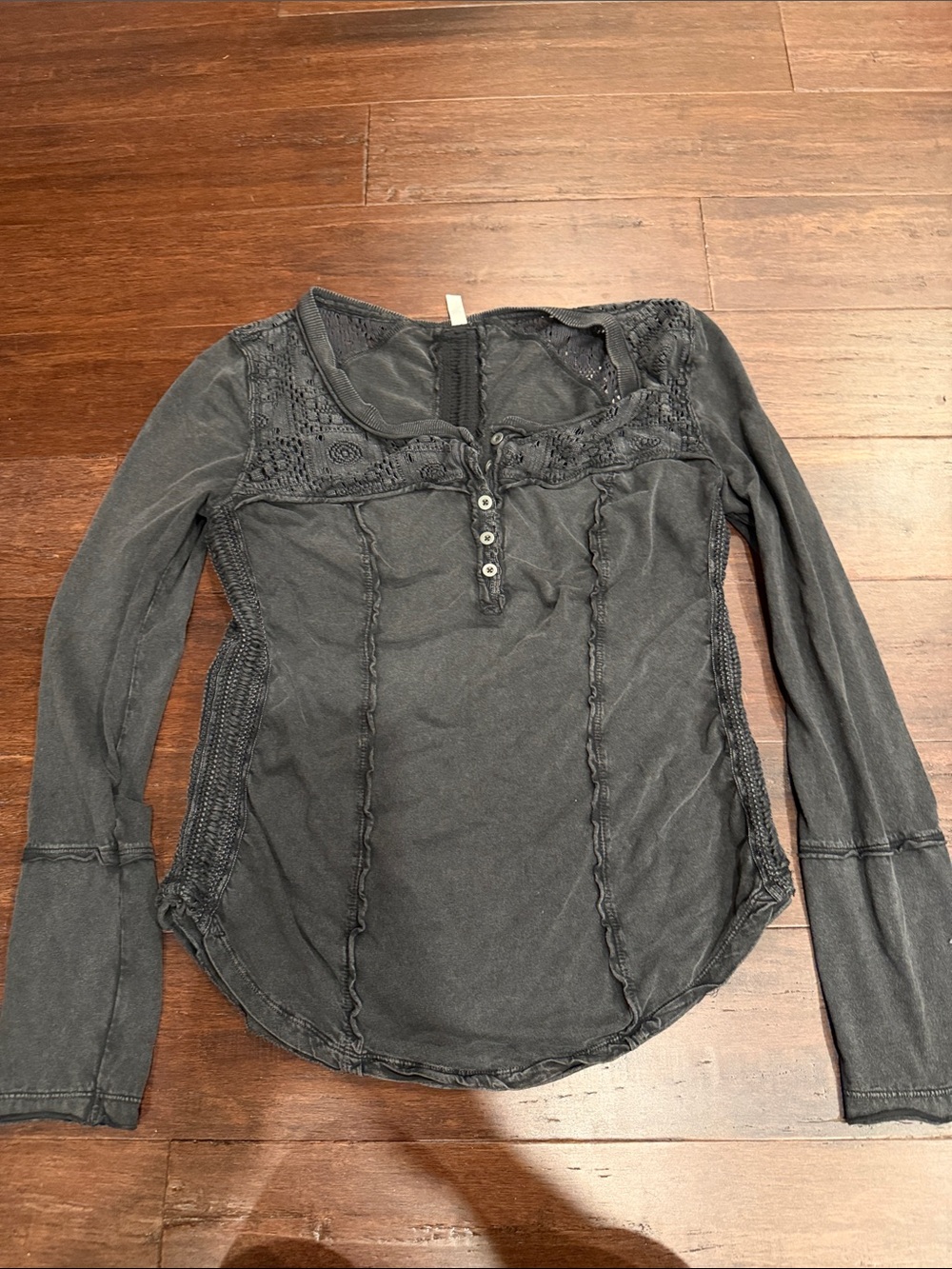 Free People Black Crochet Yoke Long Sleeve Henley